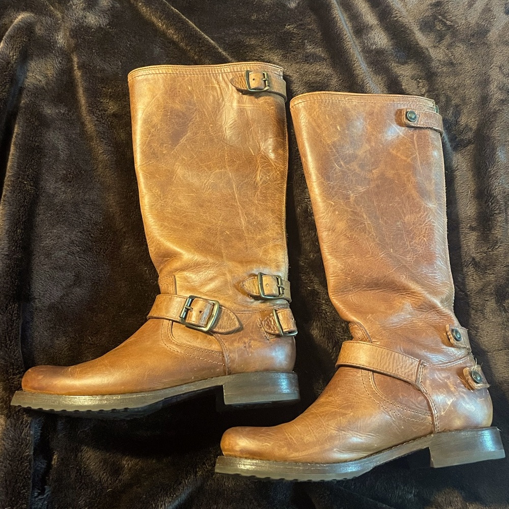 Frye Veronica Buckled Strap Back Zip High Top Riding Boot in Whiskey Tan EUC
